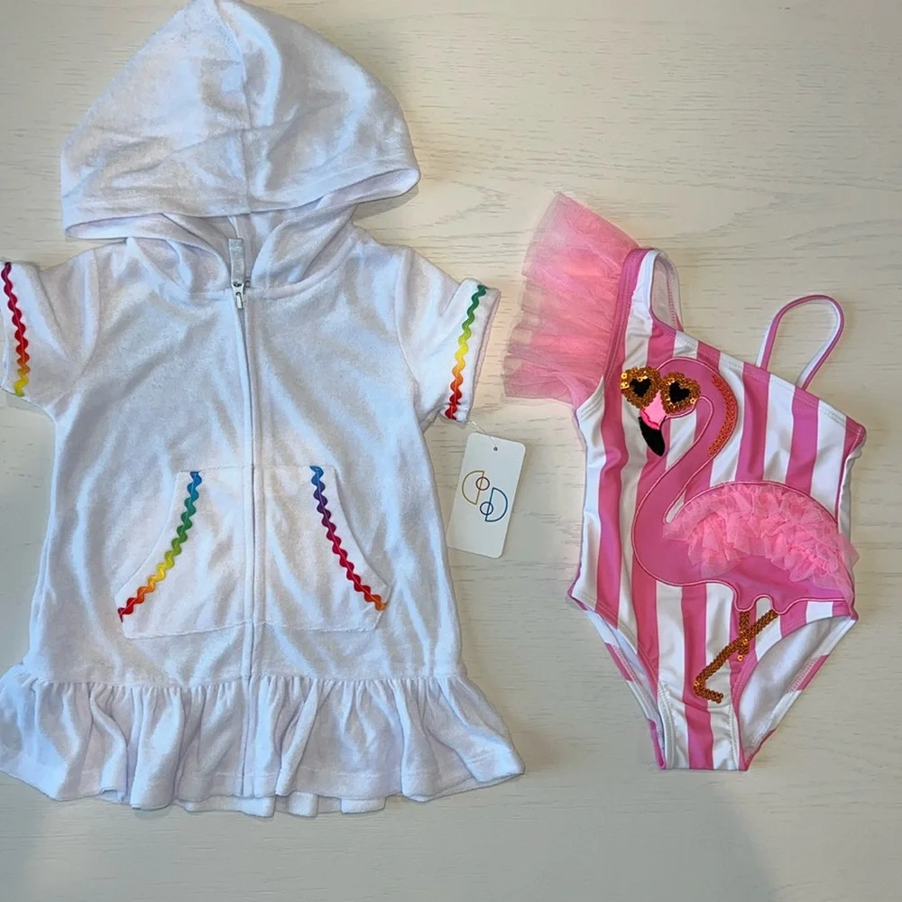 Flapdoodles Toddler Girl 2 Piece Swim Set Coverup One Piece Flamingo  2T 3T 4